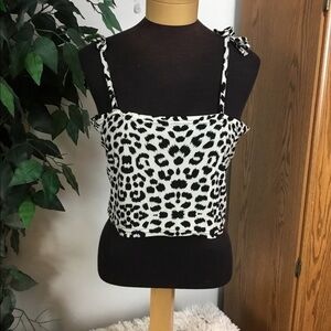 SHEIN XL black white print crop top with tie shoulder straps